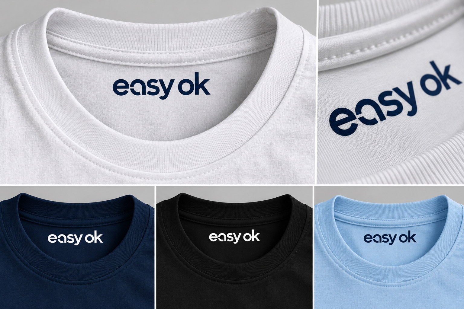 Neck prints on white, navy, and black shirts.